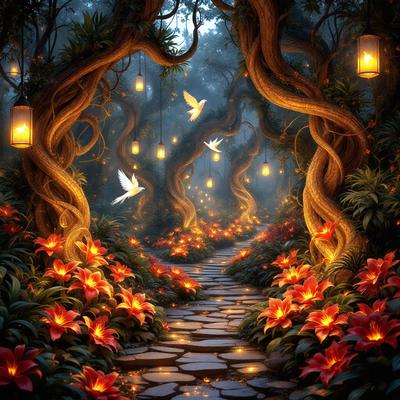 The primary subject of the image is a pathway surrounded by flowers and lit by lanterns. The setting is a forest with a tree-lined path, and the visual style is a digital art illustration. The colors and mood of the image are warm and inviting, with the flowers and lanterns creating a serene and magical atmosphere.